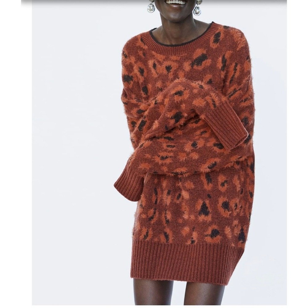 ZARA KNIT Leopard Animal Print Soft Fuzzy Sweater Dress Rust Orange Black Medium